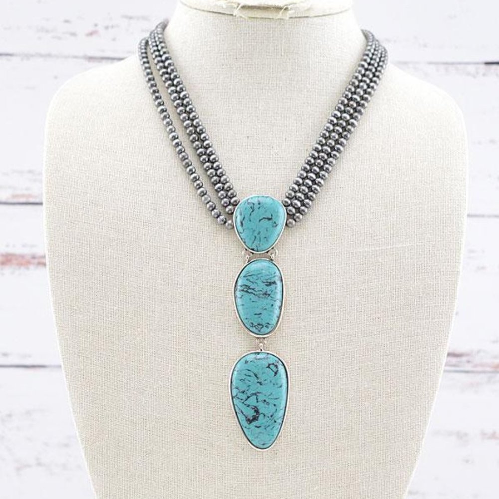 Soft Surroundings Turquoise Triple Stone Necklace with Silver Beaded Strands
